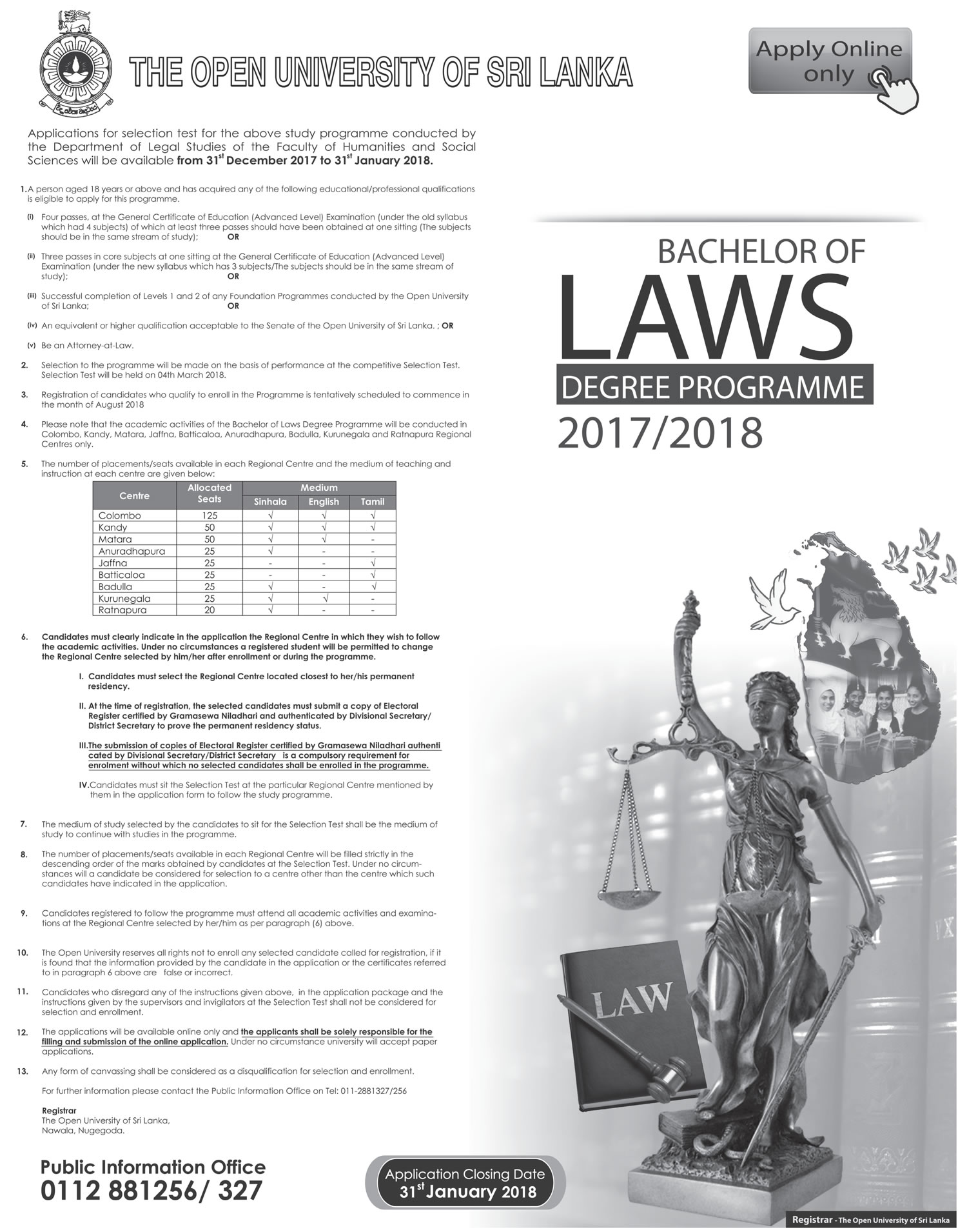 Bachelor of Laws Degree Programme (2017/2018) - The Open University of Sri Lanka